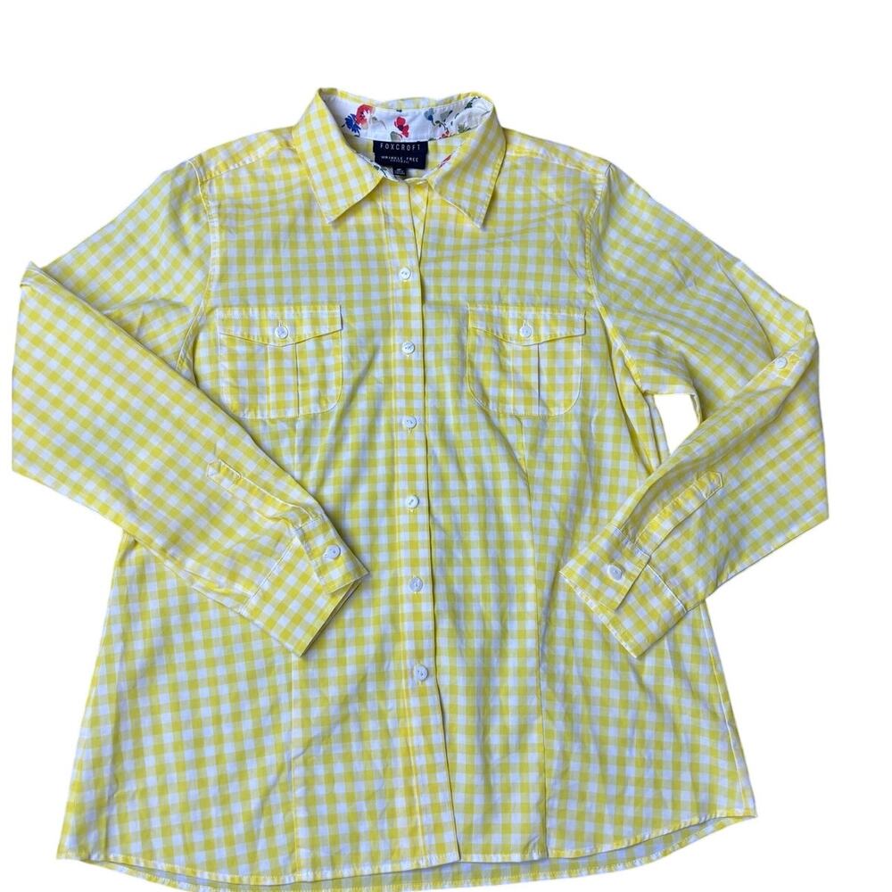 Foxcroft Wrinkle Free Button Up Shirt Sz 14 Yellow Gingham Floral Trim Cotton